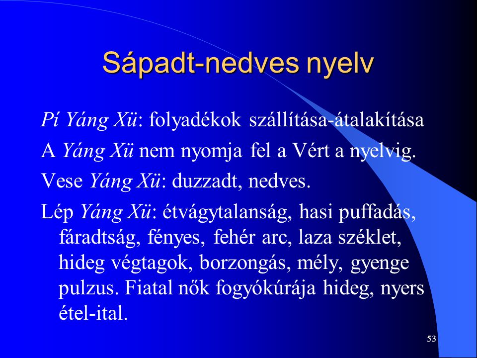 Sápadt-nedves nyelv Pí Yáng Xü: folyadékok szállítása-átalakítása