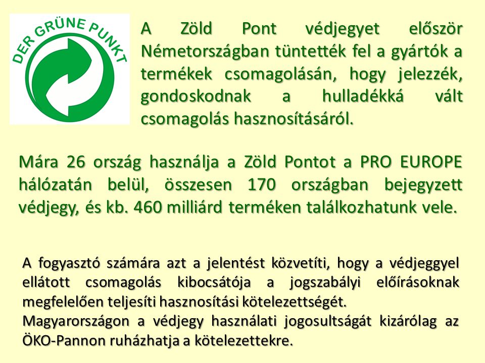 A Zöld Pont védjegyet először Németországban tüntették fel a gyártók a termékek csomagolásán, hogy jelezzék, gondoskodnak a hulladékká vált csomagolás hasznosításáról.