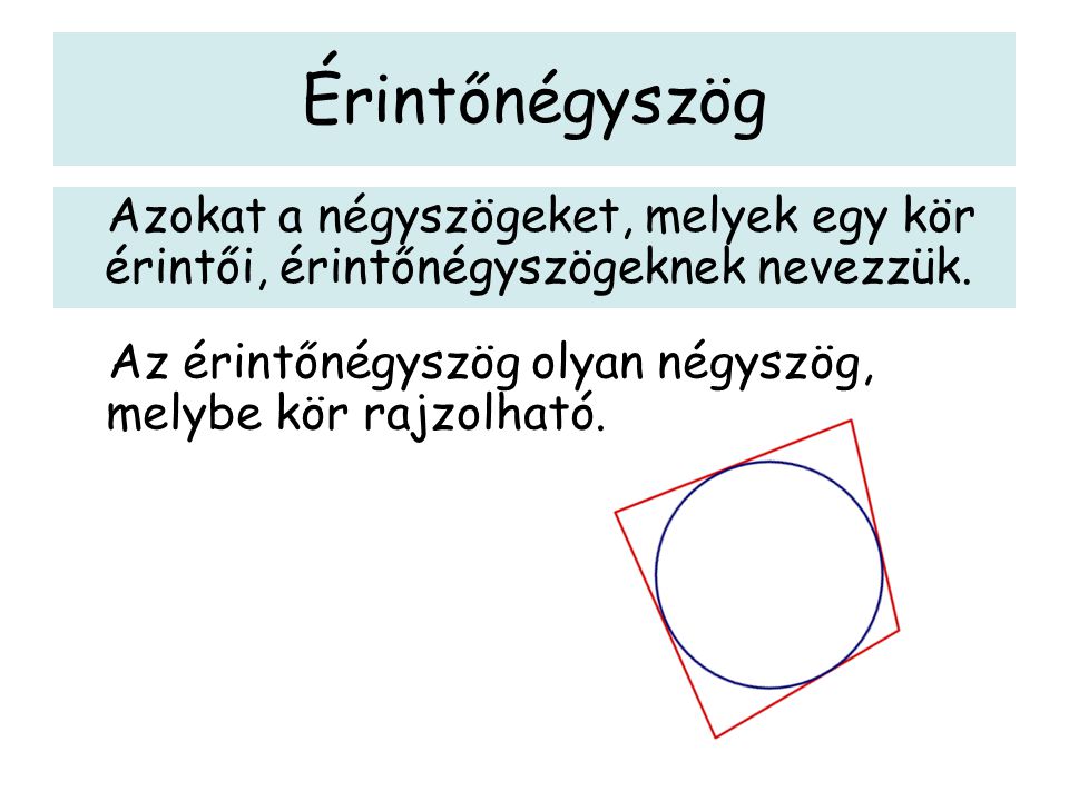 Érintőnégyszög Azokat a négyszögeket, melyek egy kör érintői, érintőnégyszögeknek nevezzük.